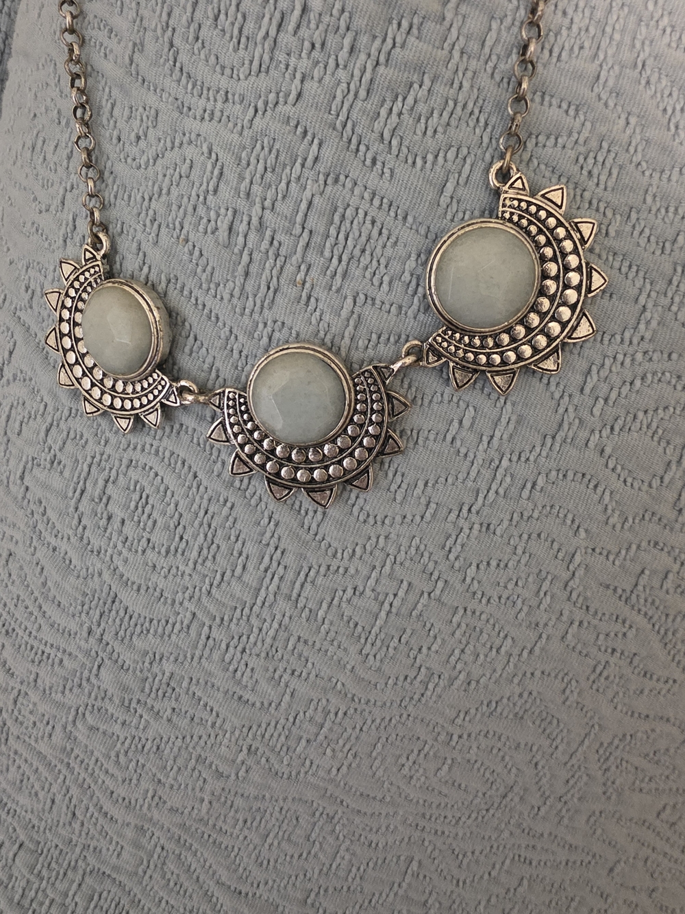 Boho Silver-Tone Triple Sunstone Necklace with Pale Aqua Cabochons